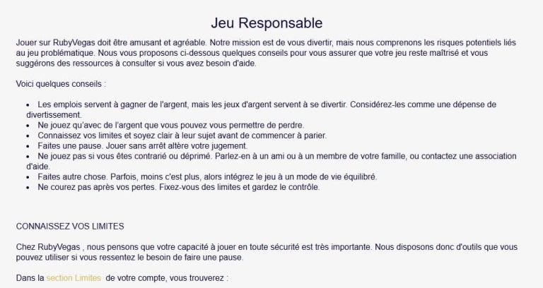 Ruby Vegas Casino jeu responsable